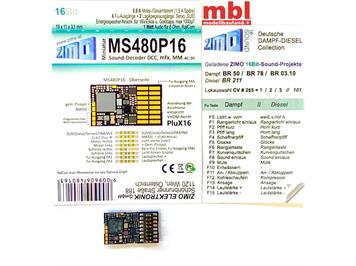 ZIMO MS480P16 Miniatursound-Decoder, 0.8A, 6 Fu-Ausgänge, PluX16-Schnittstelle