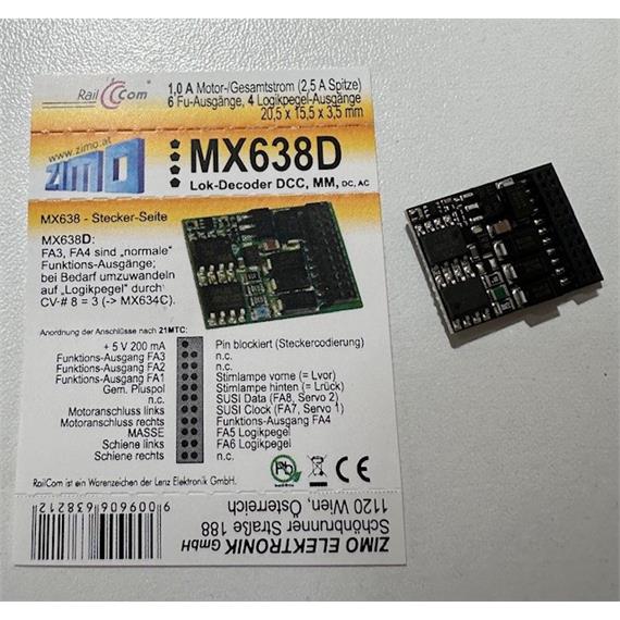 ZIMO MX638D H0 Decoder, 1,0 A, 6 Fu-Ausgänge, 21pol. mtc