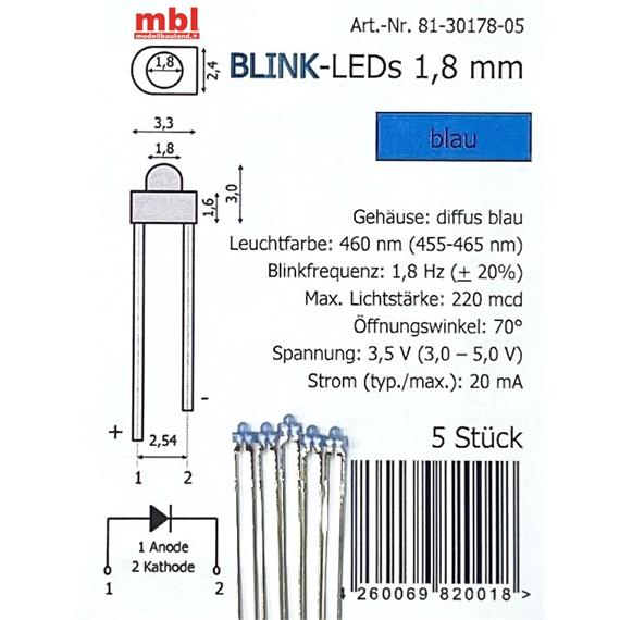 Tams 81-30178-05 Blink-LEDs 1,8 mm, blau, diffus farbig, 5 Stück