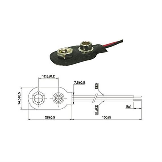 Batterieclip für 9V-Block-Batterie, 15 cm Kabellänge