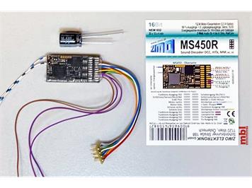 ZIMO MS450R Sounddecoder 8pol., 1,2A, 12 FU-Ausgänge, Energiesp.-Anschluss - H0